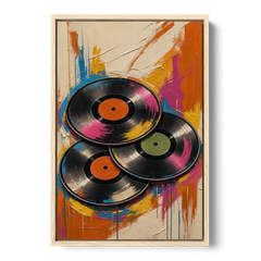 Vinyl Records Painting in a Tilted Stack - Oak Framed Canvas Wall Art - Front