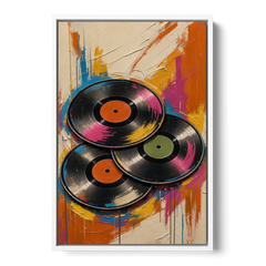 Vinyl Records Painting in a Tilted Stack - White Framed Canvas Wall Art - Front