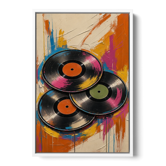 Vinyl Records Painting in a Tilted Stack - White Framed Canvas Wall Art - Front