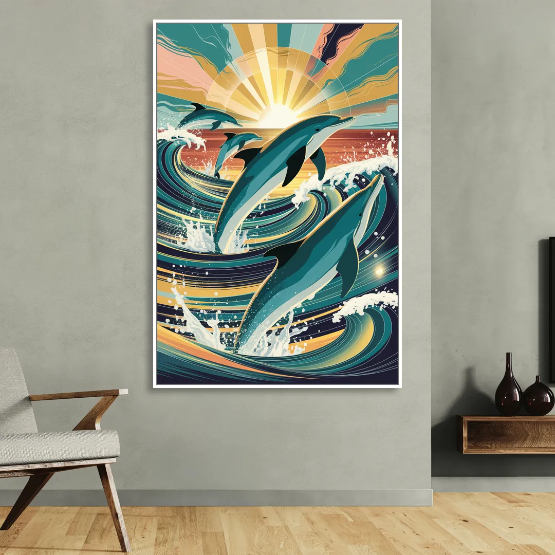 Virginia Beach Dolphins in Motion Living Room - White Canvas Wall Art