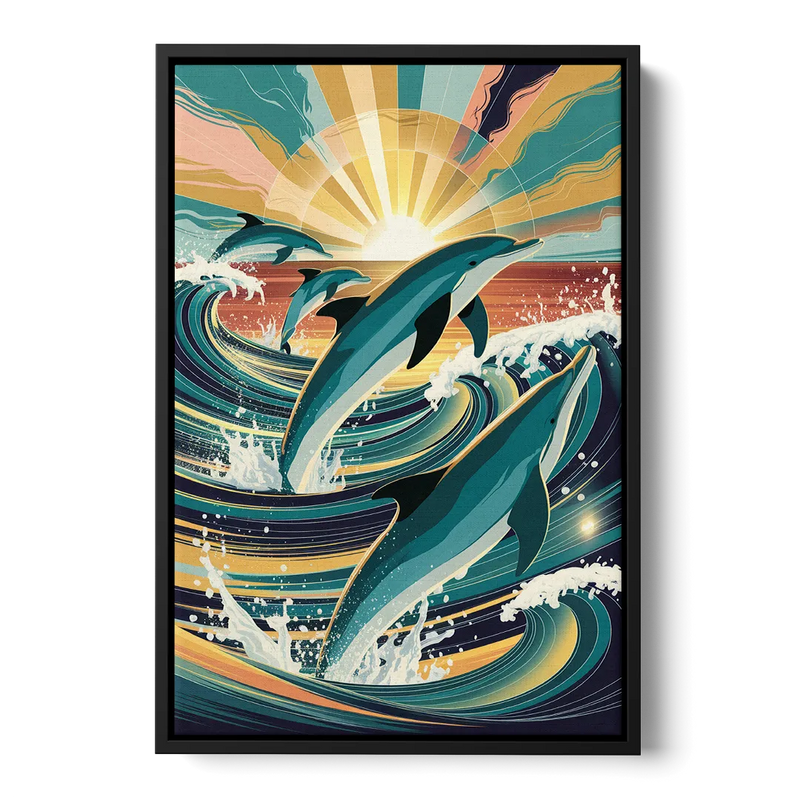 Virginia Beach Dolphins in Motion Front - Black Canvas Wall Art