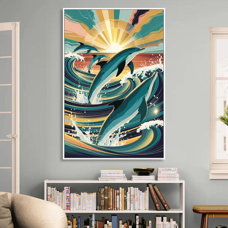Virginia Beach Dolphins in Motion Sitting Room - White Canvas Wall Art