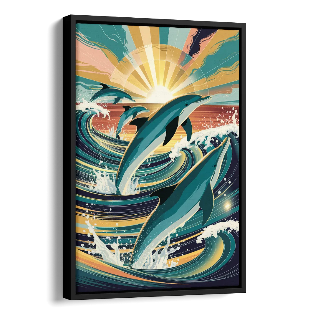Virginia Beach Dolphins in Motion Side - Black Canvas Wall Art