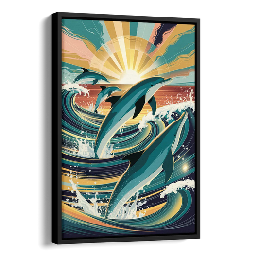 Virginia Beach Dolphins in Motion Side - Black Canvas Wall Art