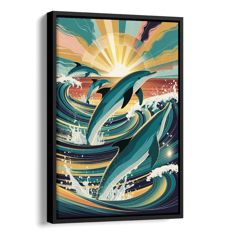Virginia Beach Dolphins in Motion Side - Black Canvas Wall Art