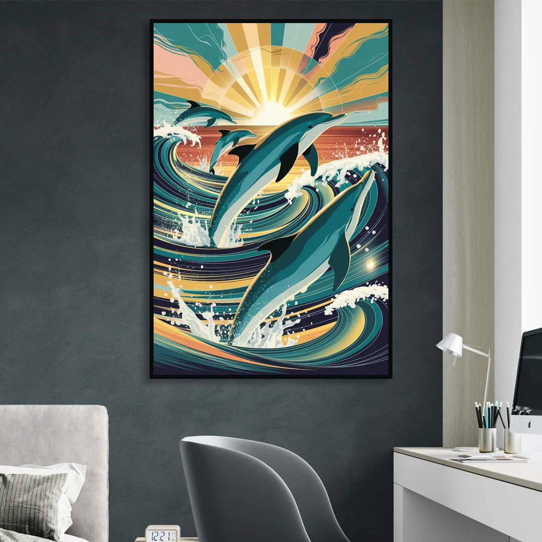 Virginia Beach Dolphins in Motion Living Room - Black Canvas Wall Art