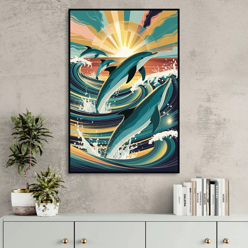 Virginia Beach Dolphins in Motion Sitting Room - Black Canvas Wall Art