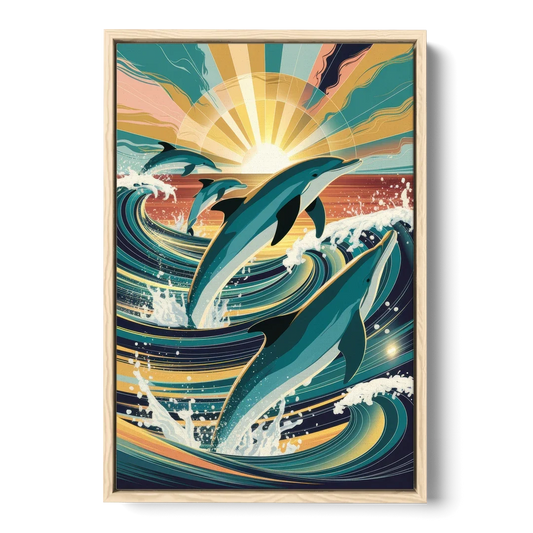 Virginia Beach Dolphins in Motion - Oak Framed Canvas Wall Art - Front