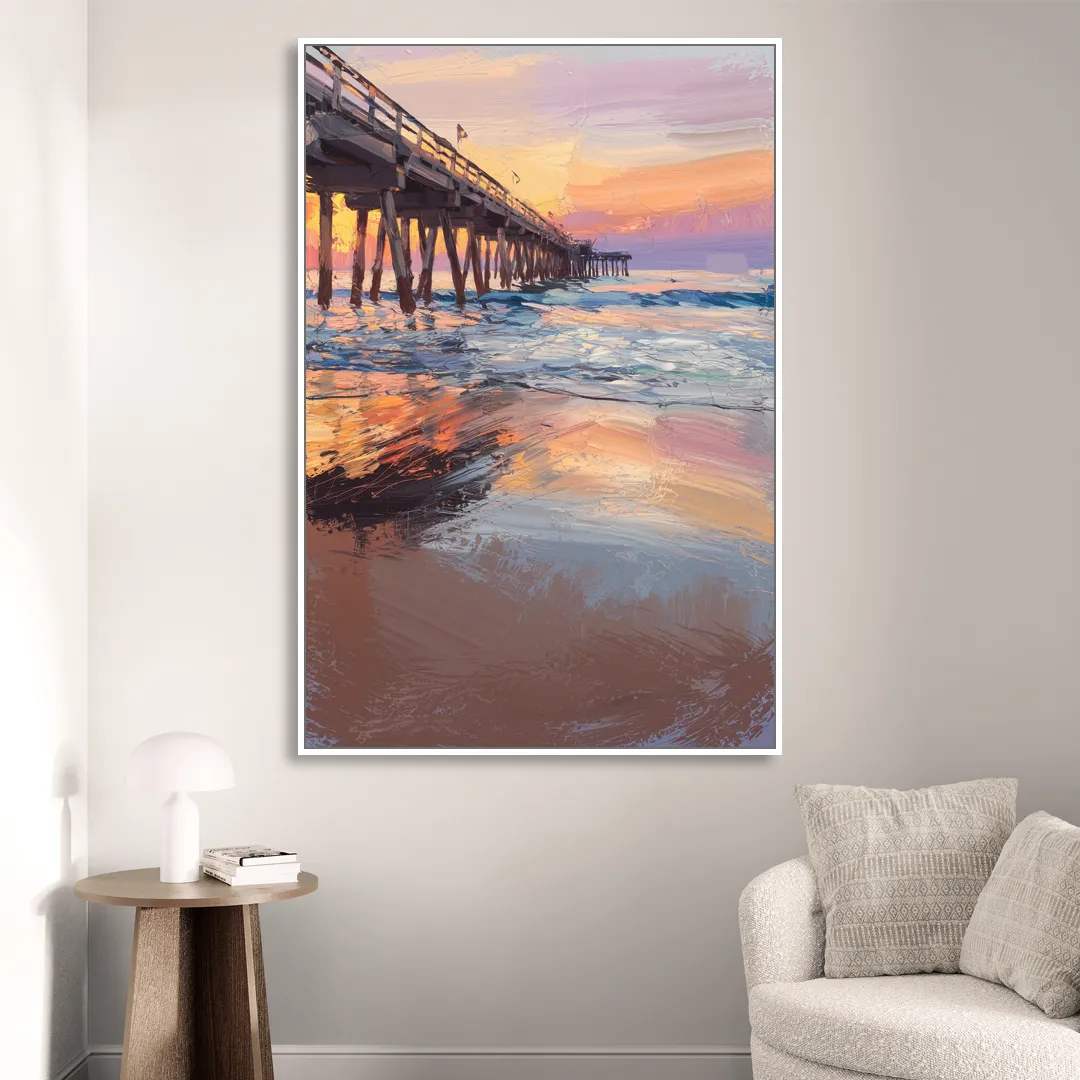 Virginia Beach Pier at Sunset Living Room - White Canvas Wall Art