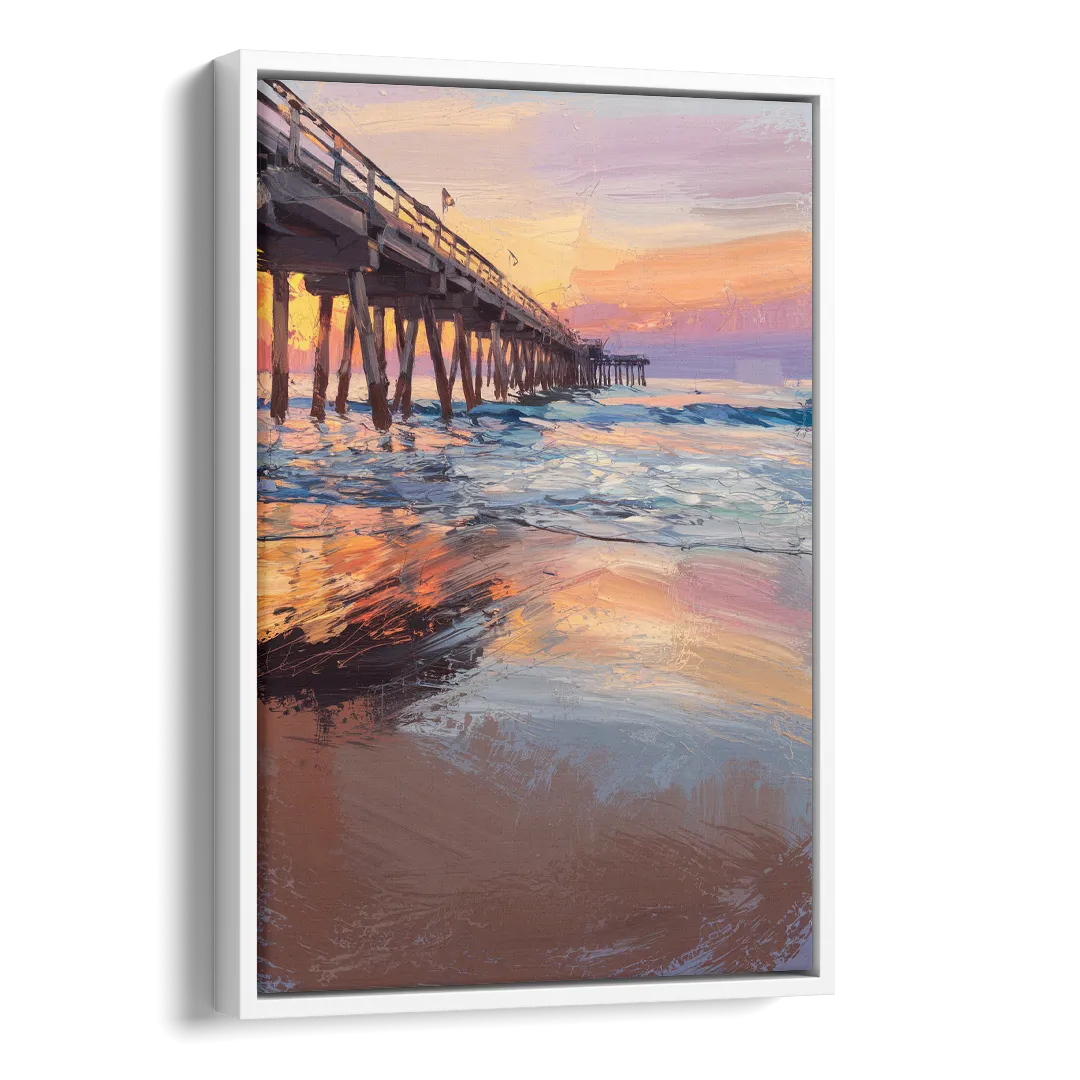 Virginia Beach Pier at Sunset Side - White Canvas Wall Art