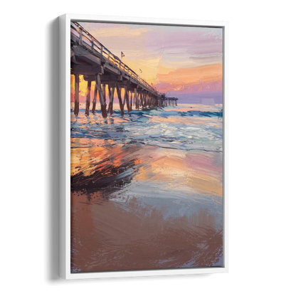 Virginia Beach Pier at Sunset Side - White Canvas Wall Art