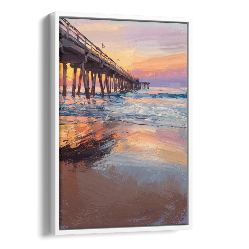 Virginia Beach Pier at Sunset Side - White Canvas Wall Art