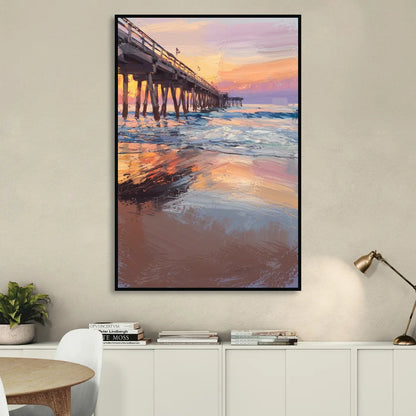 Virginia Beach Pier at Sunset Living Room - Black Canvas Wall Art