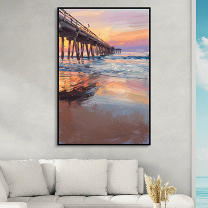 Virginia Beach Pier at Sunset Sitting Room - Black Canvas Wall Art