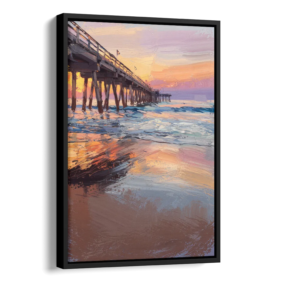Virginia Beach Pier at Sunset Side - Black Canvas Wall Art