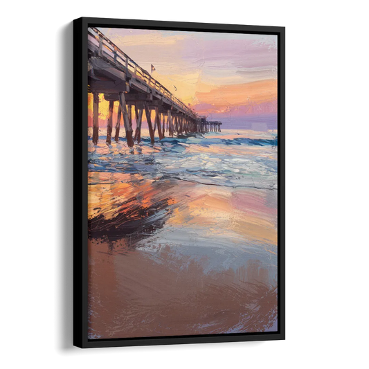 Virginia Beach Pier at Sunset Side - Black Canvas Wall Art