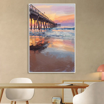 Virginia Beach Pier at Sunset Sitting Room - White Canvas Wall Art