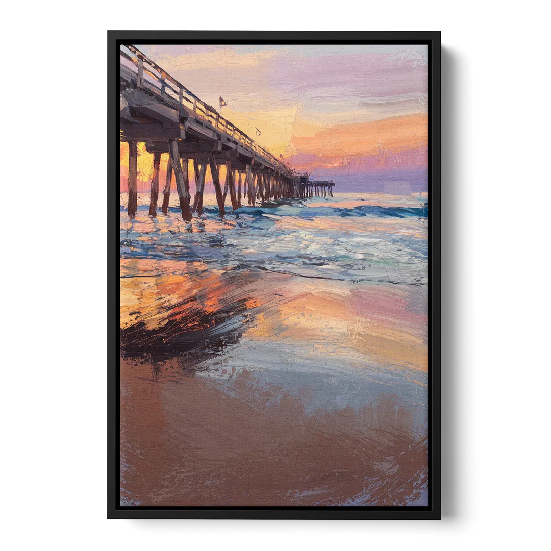 Virginia Beach Pier at Sunset Front - Black Canvas Wall Art