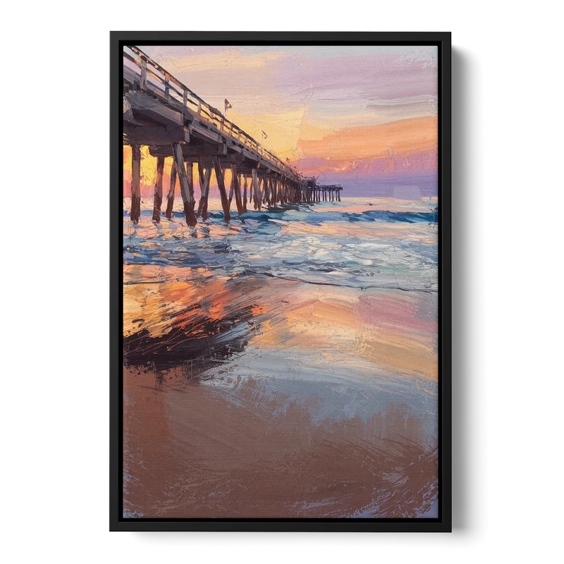 Virginia Beach Pier at Sunset Front - Black Canvas Wall Art