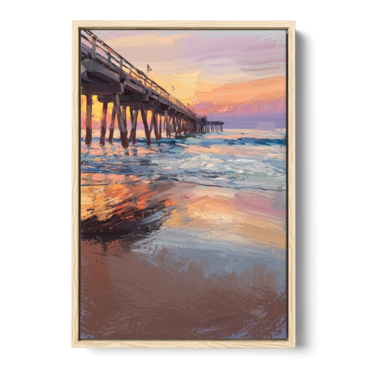 Virginia Beach Pier at Sunset - Oak Framed Canvas Wall Art - Front