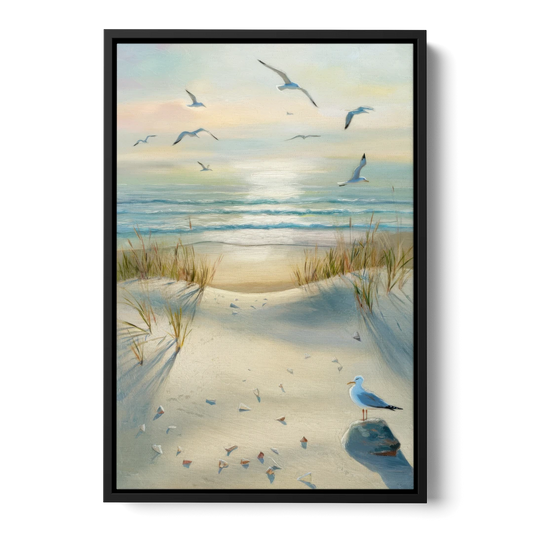 Virginia Beach Seagulls in Flight - Black Framed Canvas Wall Art - Front