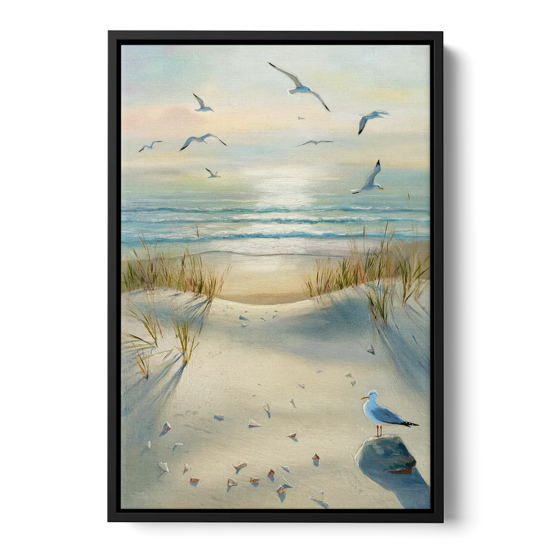 Virginia Beach Seagulls in Flight Front - Black Canvas Wall Art