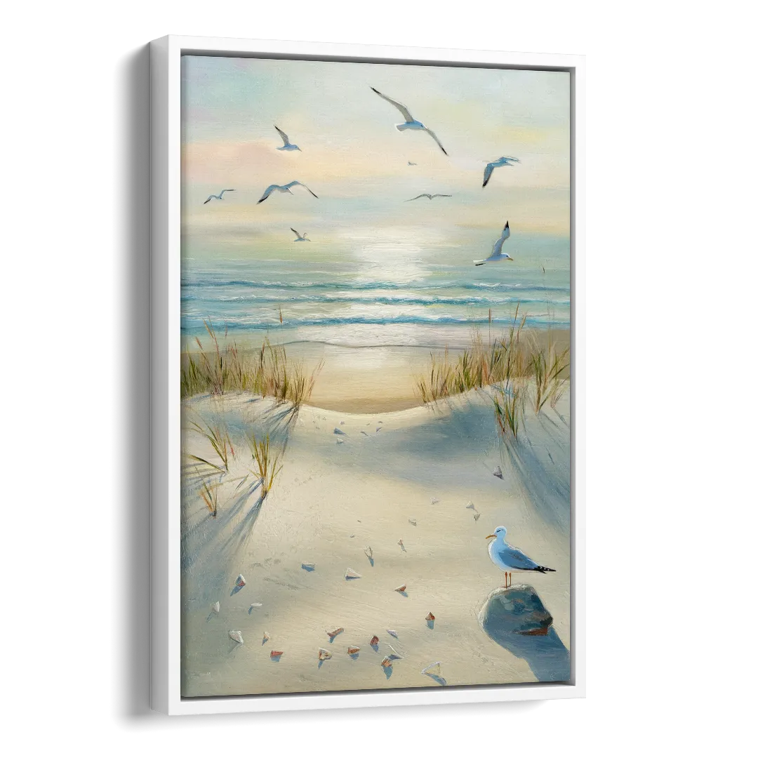 Virginia Beach Seagulls in Flight Side - White Canvas Wall Art