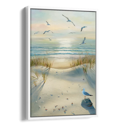 Virginia Beach Seagulls in Flight Side - White Canvas Wall Art