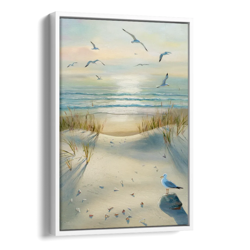 Virginia Beach Seagulls in Flight Side - White Canvas Wall Art