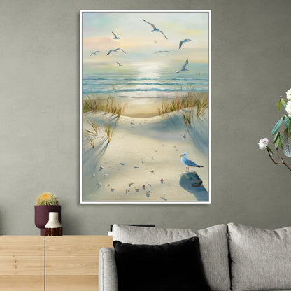 Virginia Beach Seagulls in Flight Sitting Room - White Canvas Wall Art