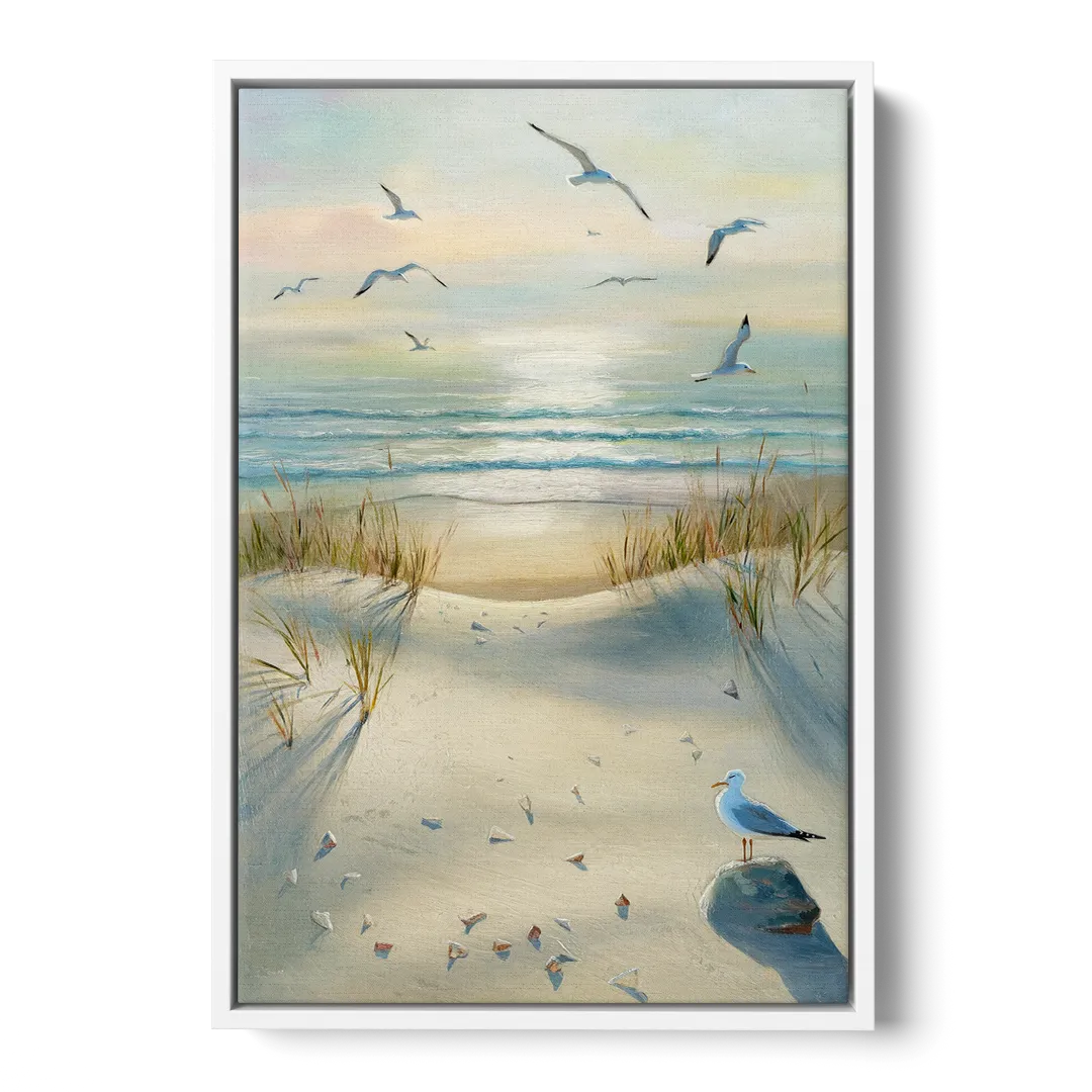 Virginia Beach Seagulls in Flight Front - White Canvas Wall Art