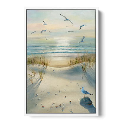 Virginia Beach Seagulls in Flight Front - White Canvas Wall Art
