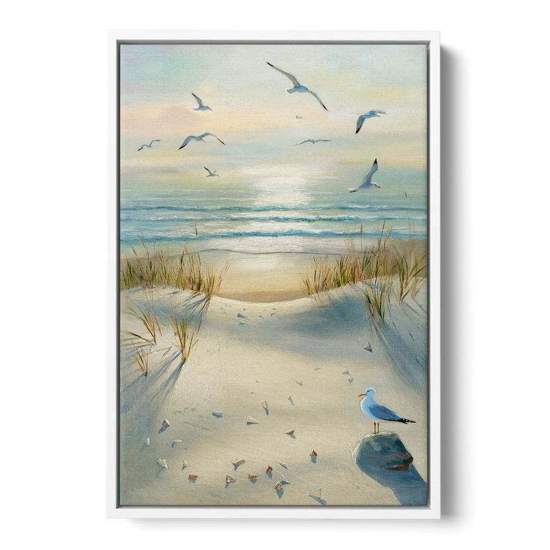 Virginia Beach Seagulls in Flight Front - White Canvas Wall Art