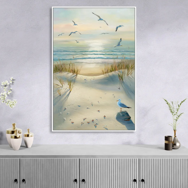 Virginia Beach Seagulls in Flight Living Room - White Canvas Wall Art