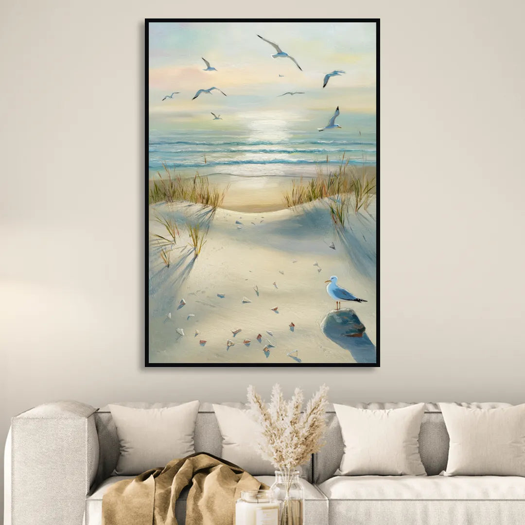 Virginia Beach Seagulls in Flight Living Room - Black Canvas Wall Art