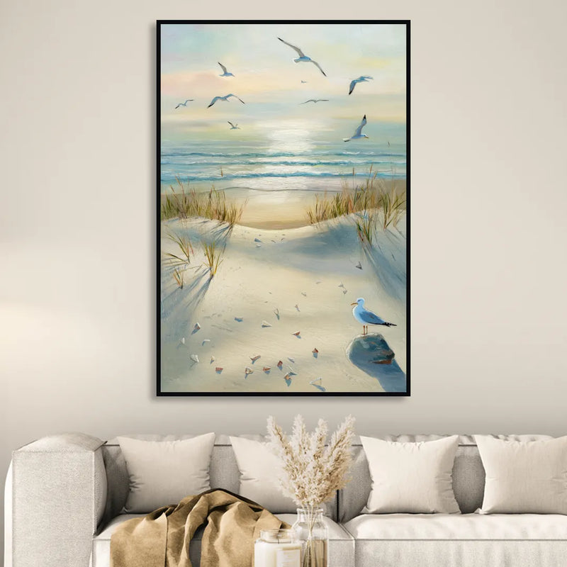Virginia Beach Seagulls in Flight Living Room - Black Canvas Wall Art