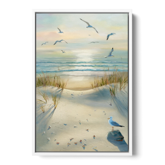 Virginia Beach Seagulls in Flight - White Framed Canvas Wall Art - Front