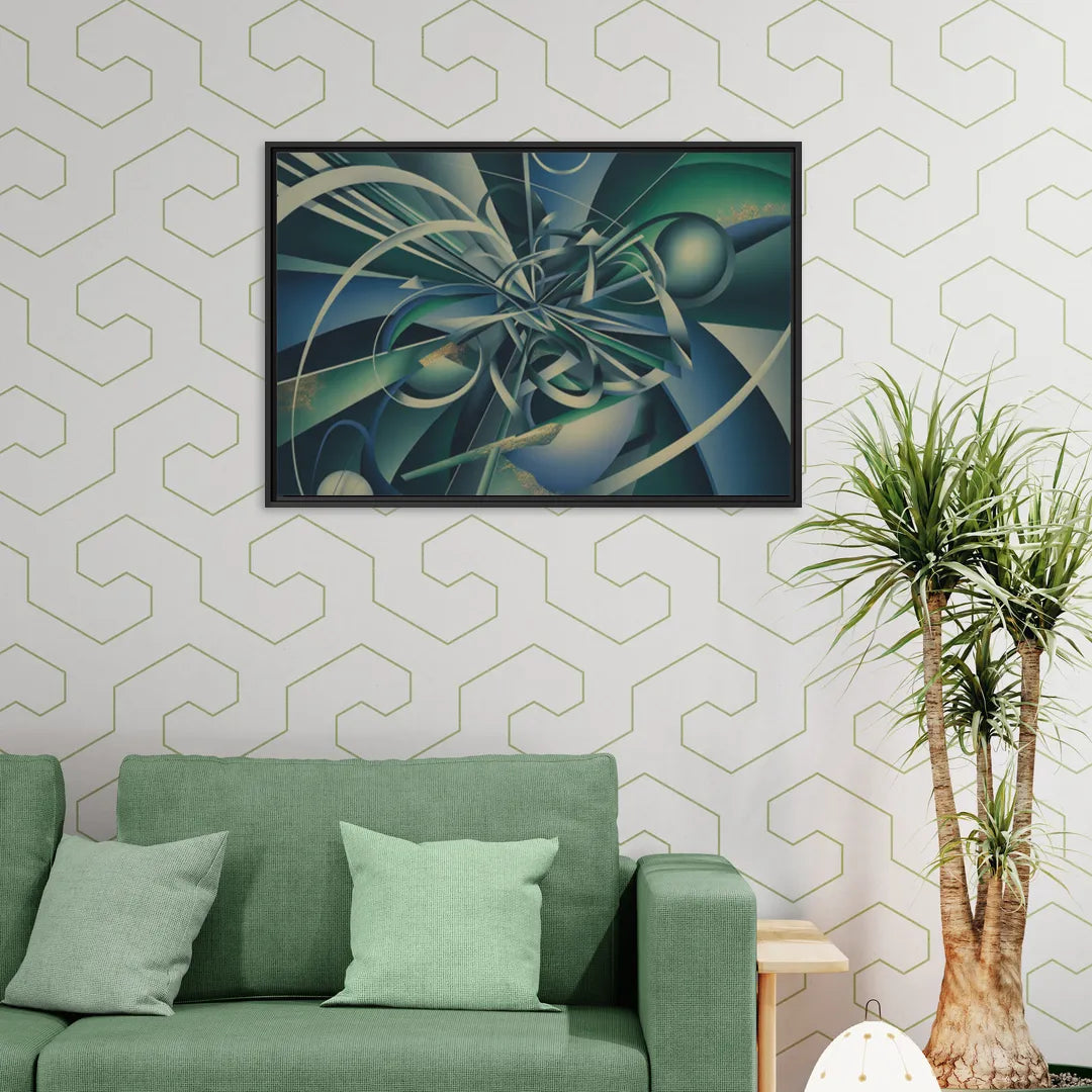 Vortex Elegance Blue and Green Abstract - Living Room Black Frame Canvas