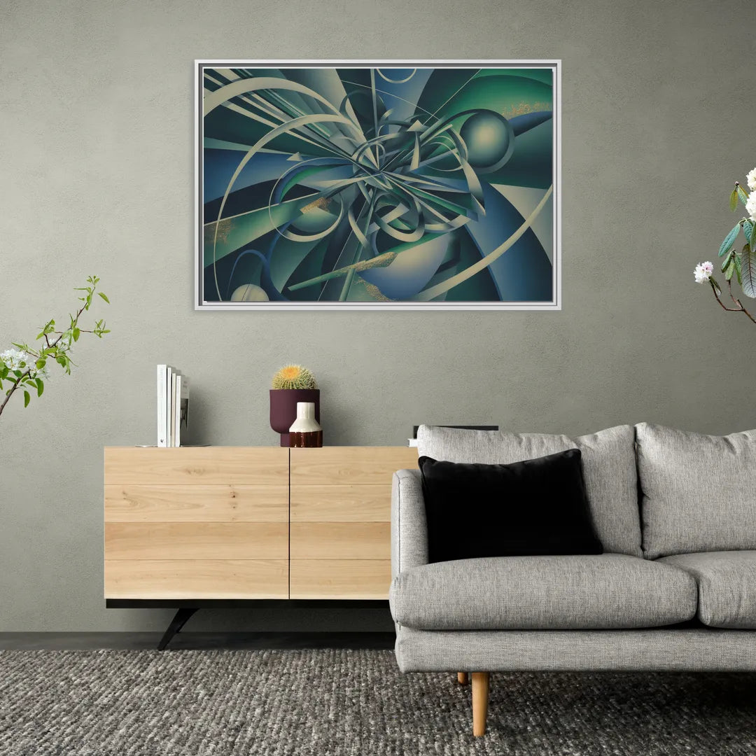 Vortex Elegance Blue and Green Abstract - Living Room White Frame Canvas