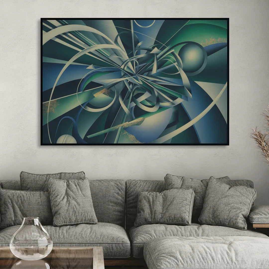 Vortex Elegance Blue and Green Abstract Sitting Room - Black Canvas Wall Art
