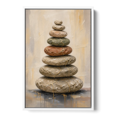Wabi Sabi Gold-Seamed Stone Cairn - White Framed Canvas Wall Art - Front