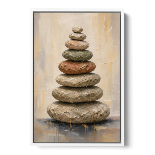 Wabi Sabi Gold-Seamed Stone Cairn - White Framed Canvas Wall Art - Front