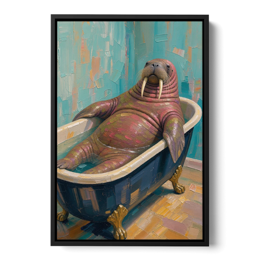 Walrus Sprawled in a Clawfoot Tub - Black Framed Canvas Wall Art - Front