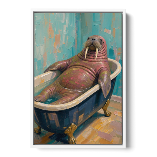 Walrus Sprawled in a Clawfoot Tub - White Framed Canvas Wall Art - Front