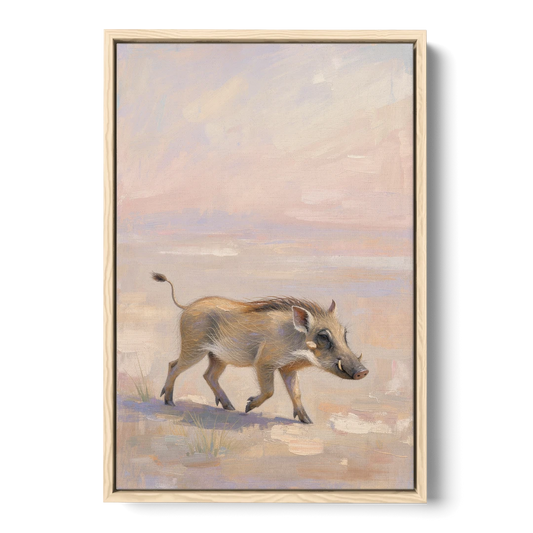 Warthog Piglet Trotting with Its Tail Held High - Oak Framed Canvas Wall Art - Front