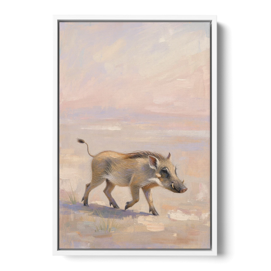Warthog Piglet Trotting with Its Tail Held High - White Framed Canvas Wall Art - Front