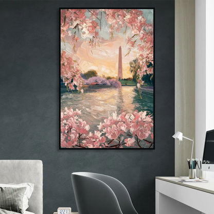 Washington DC Cherry Blossoms Sitting Room - Black Canvas Wall Art