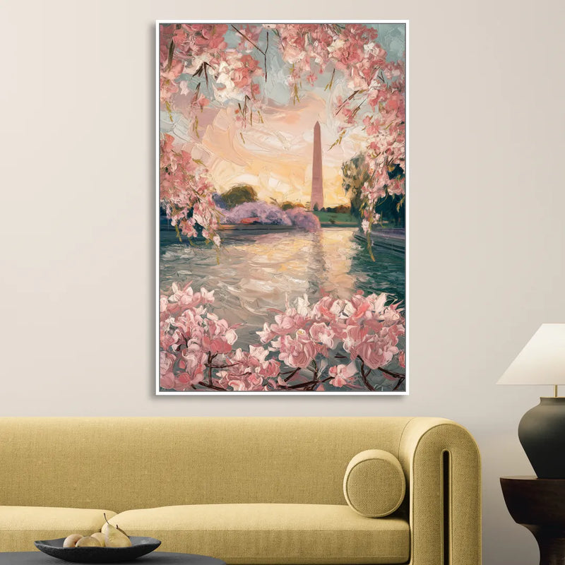 Washington DC Cherry Blossoms Living Room - White Canvas Wall Art