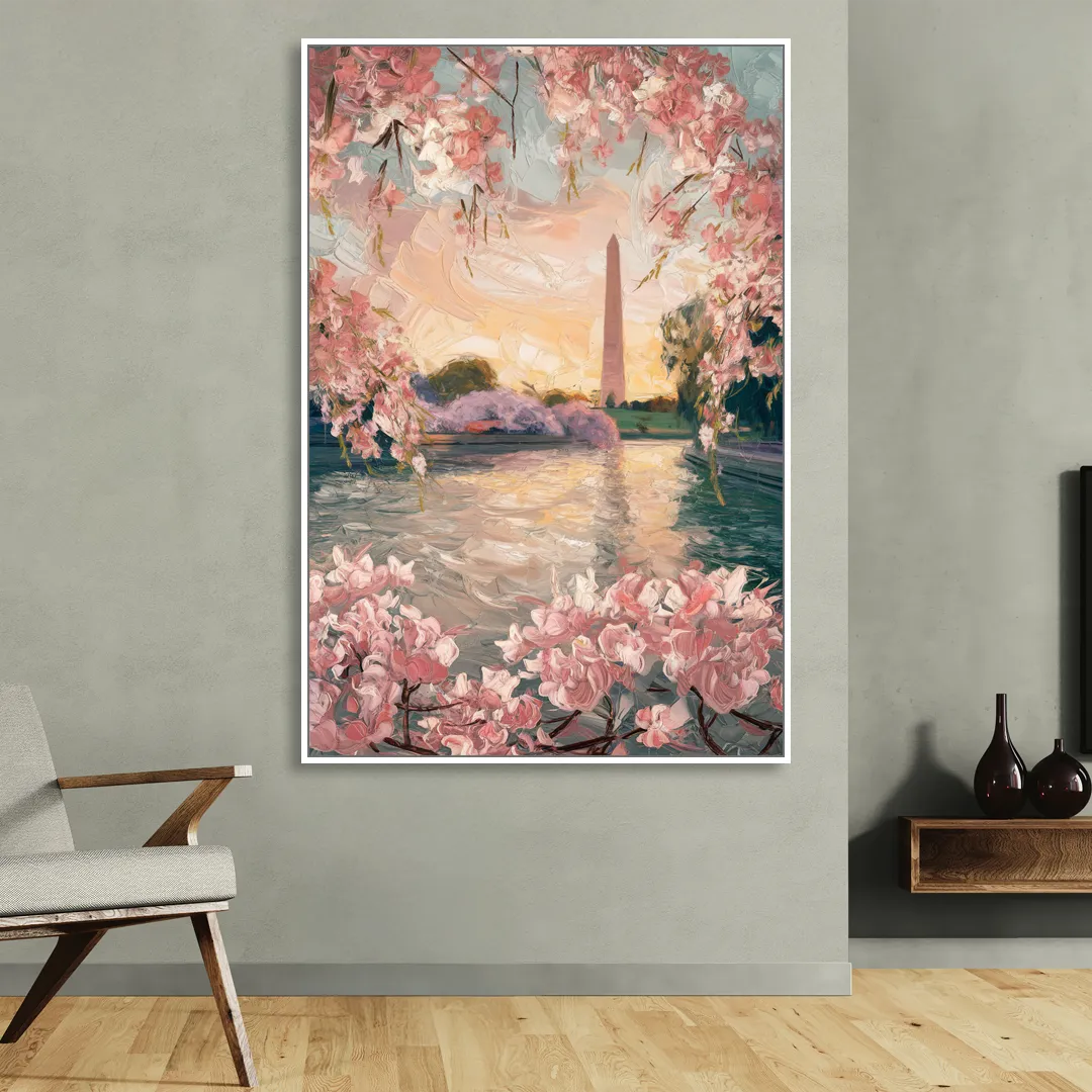 Washington DC Cherry Blossoms Sitting Room - White Canvas Wall Art