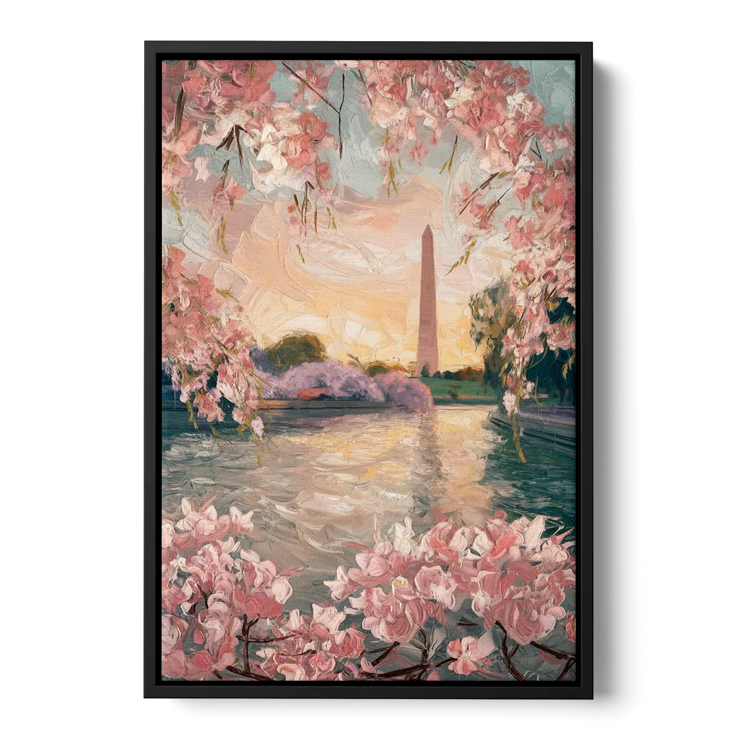 Washington DC Cherry Blossoms Front - Black Canvas Wall Art